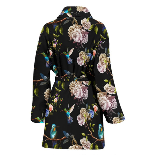 Hummingbird Flower Themed Print Women Bath Robe-JTAMIGO.COM