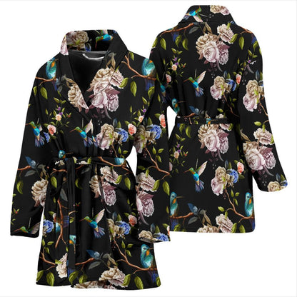 Hummingbird Flower Themed Print Women Bath Robe-JTAMIGO.COM