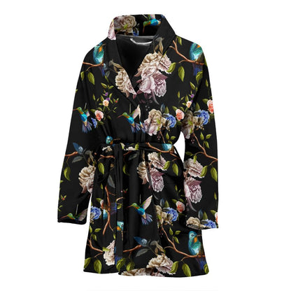 Hummingbird Flower Themed Print Women Bath Robe-JTAMIGO.COM