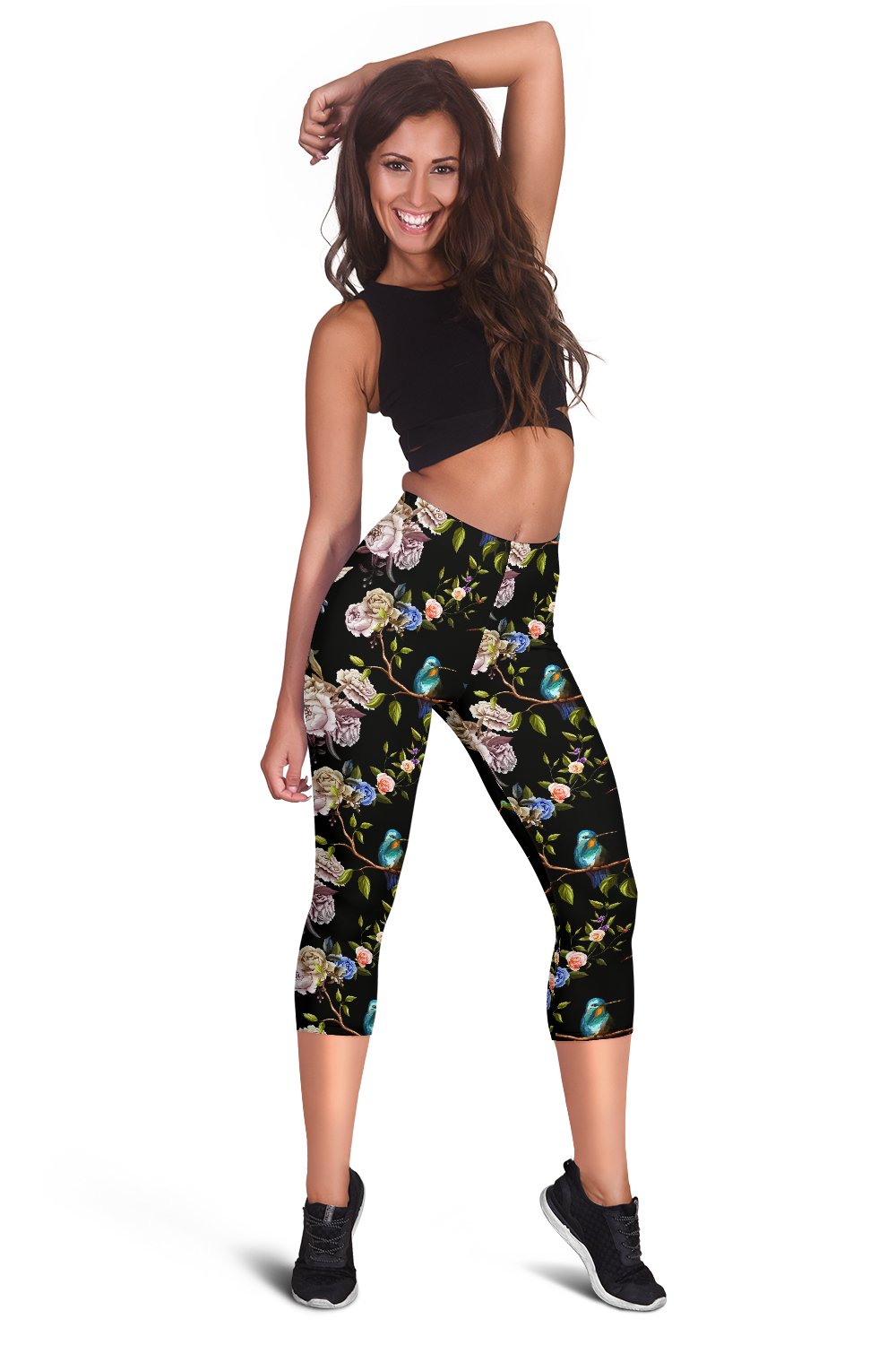 Hummingbird Flower Themed Print Women Capris