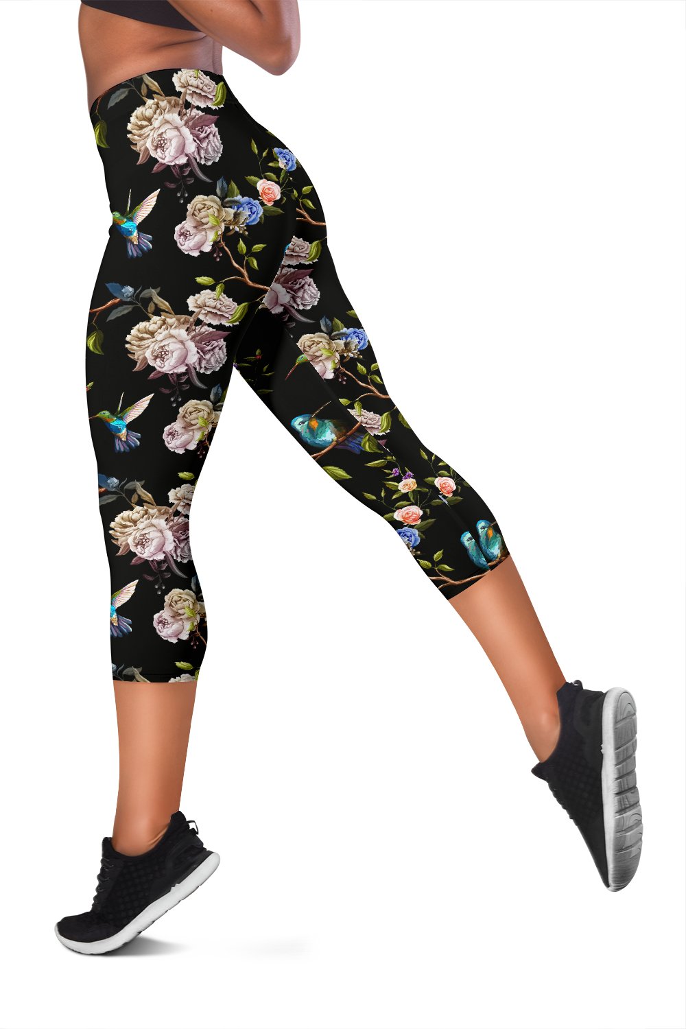 Hummingbird Flower Themed Print Women Capris