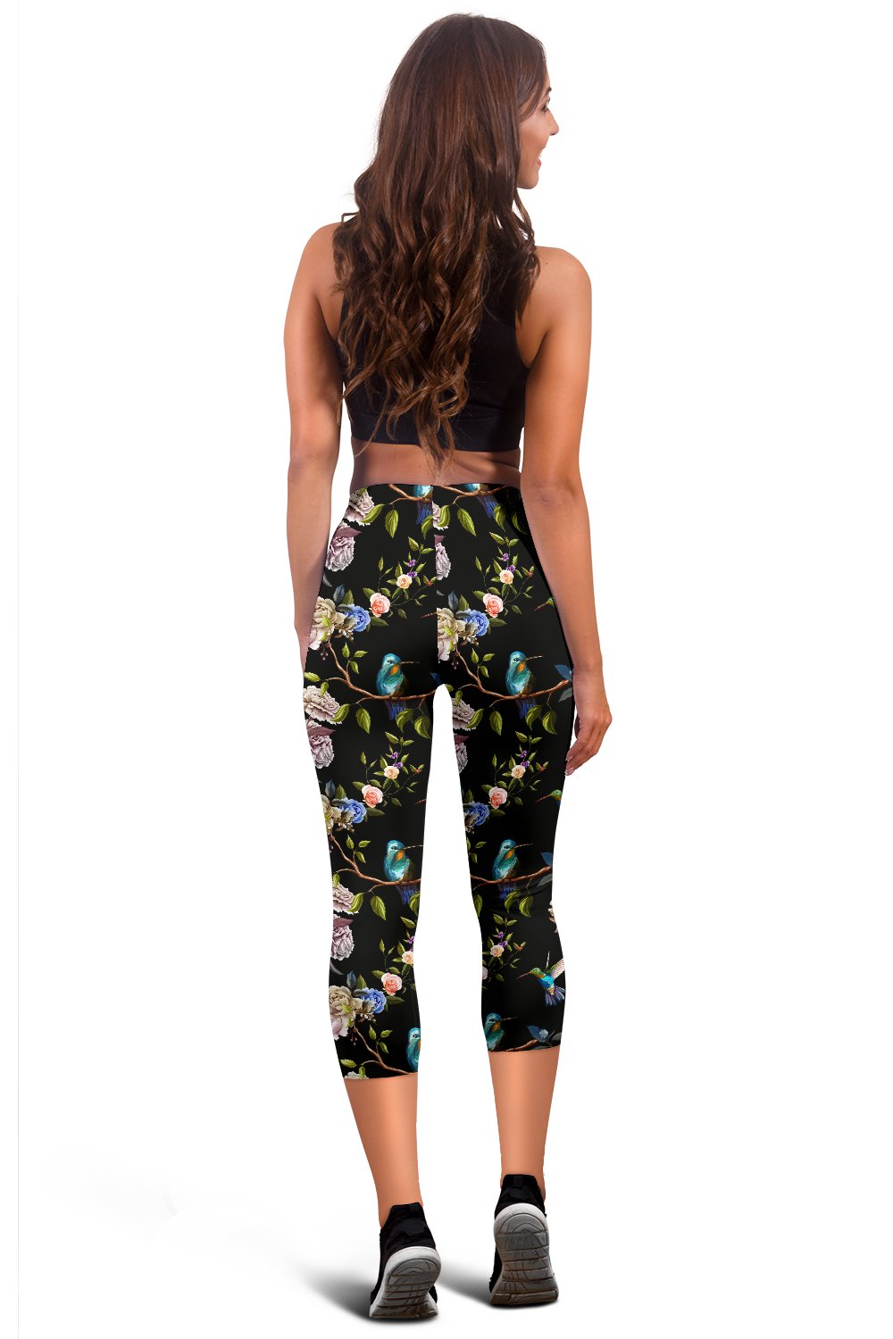 Hummingbird Flower Themed Print Women Capris