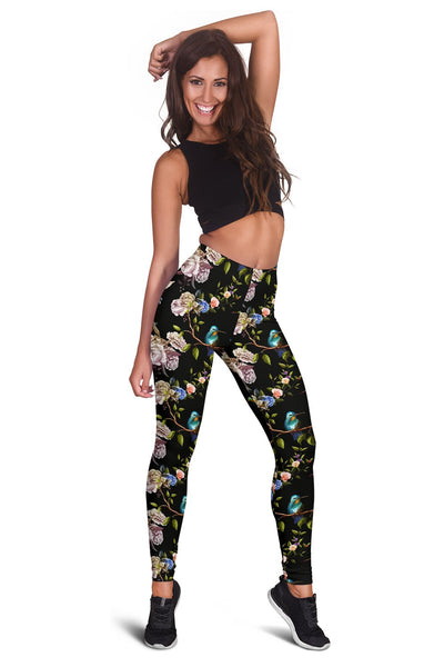 Hummingbird Flower Themed Print Women Leggings