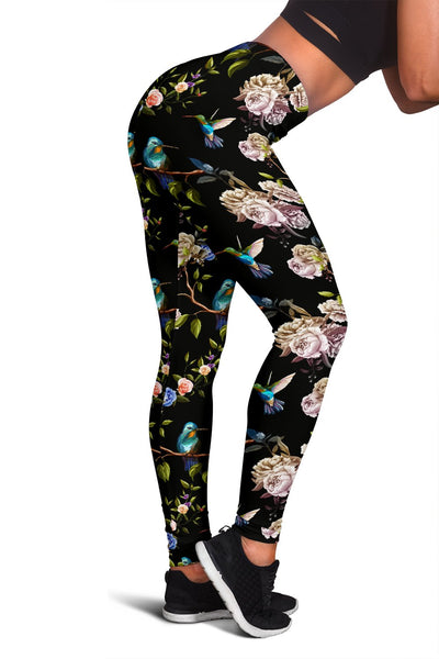 Hummingbird Flower Themed Print Women Leggings
