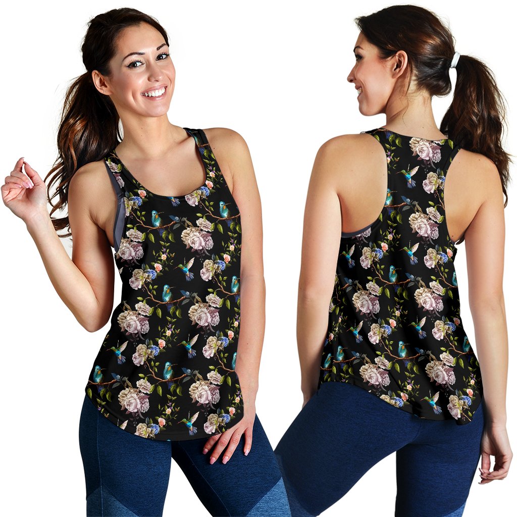 Hummingbird Flower Themed Print Women Racerback Tank Top