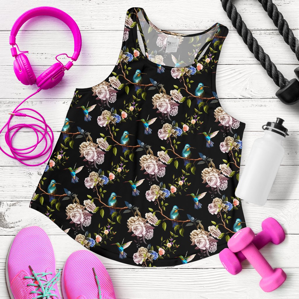 Hummingbird Flower Themed Print Women Racerback Tank Top