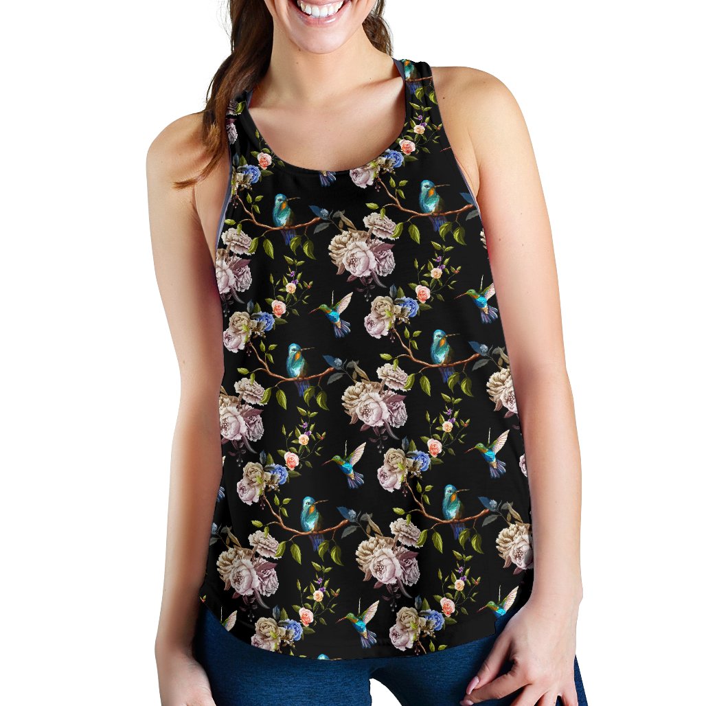 Hummingbird Flower Themed Print Women Racerback Tank Top