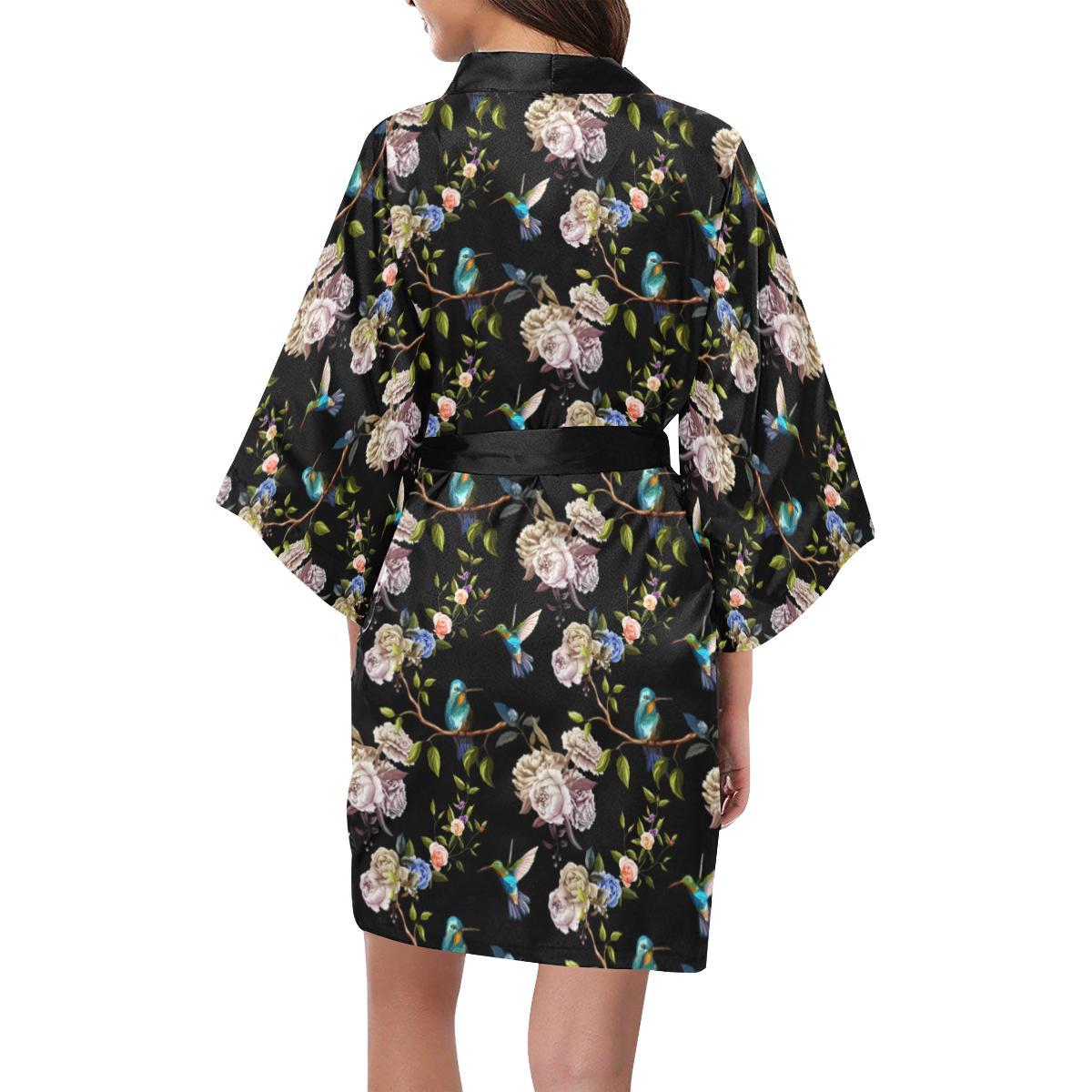 Hummingbird Flower Themed Print Women Short Kimono Robe