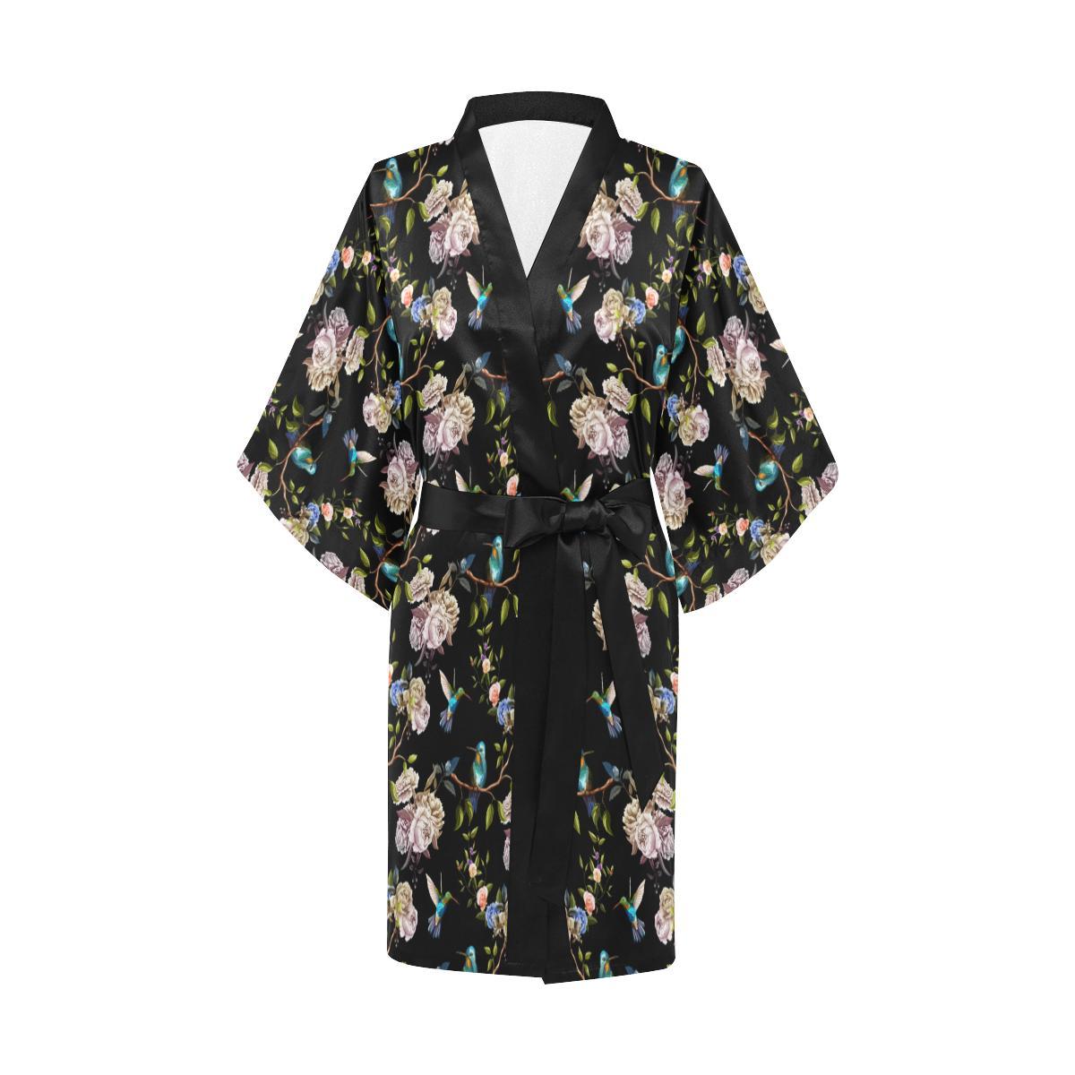 Hummingbird Flower Themed Print Women Short Kimono Robe