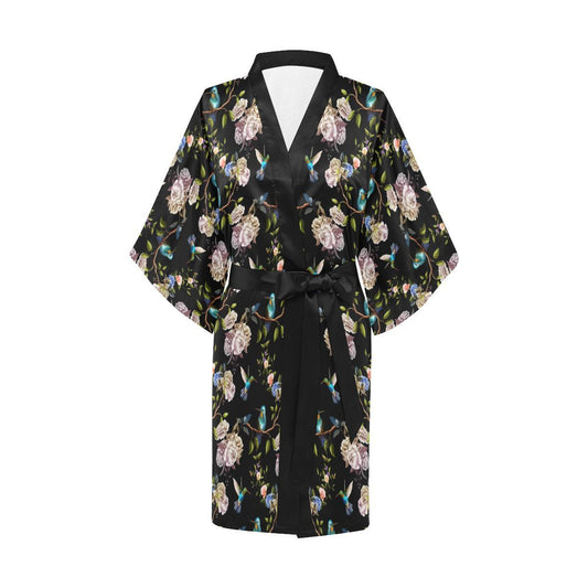 Hummingbird Flower Themed Print Women Short Kimono Robe