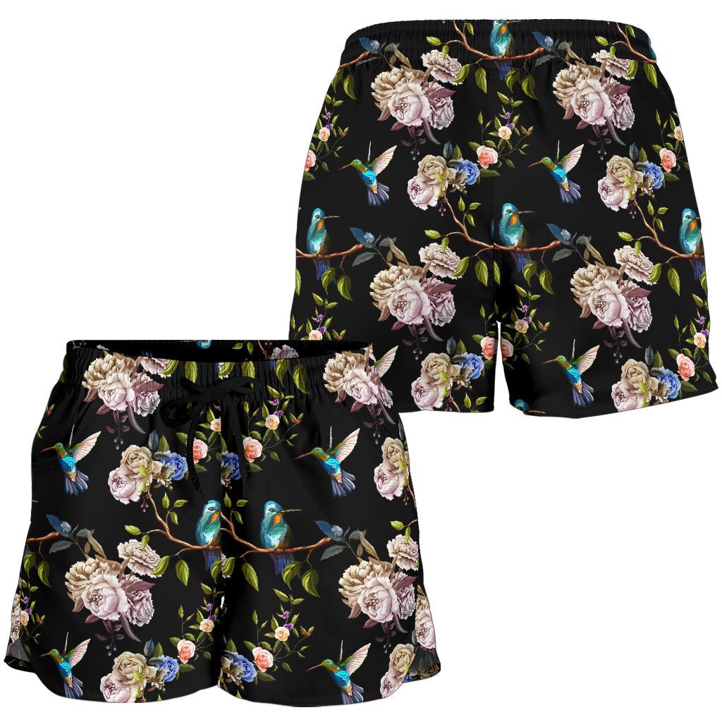 Hummingbird Flower Themed Print Women Shorts-JTAMIGO.COM