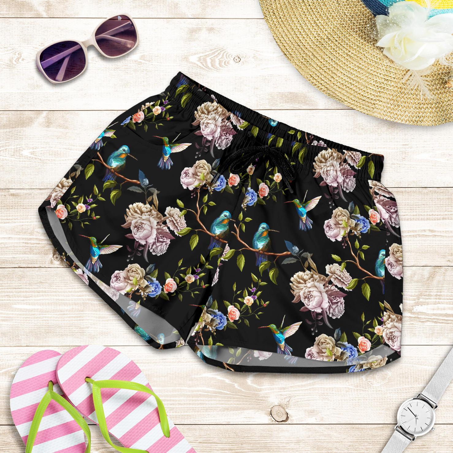 Hummingbird Flower Themed Print Women Shorts-JTAMIGO.COM
