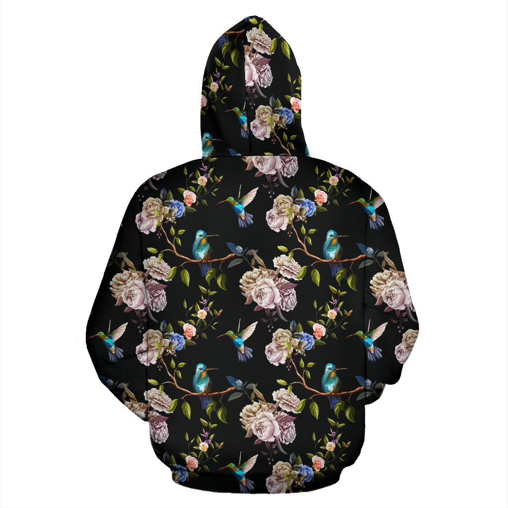 Hummingbird Flower Themed Print Zip Up Hoodie