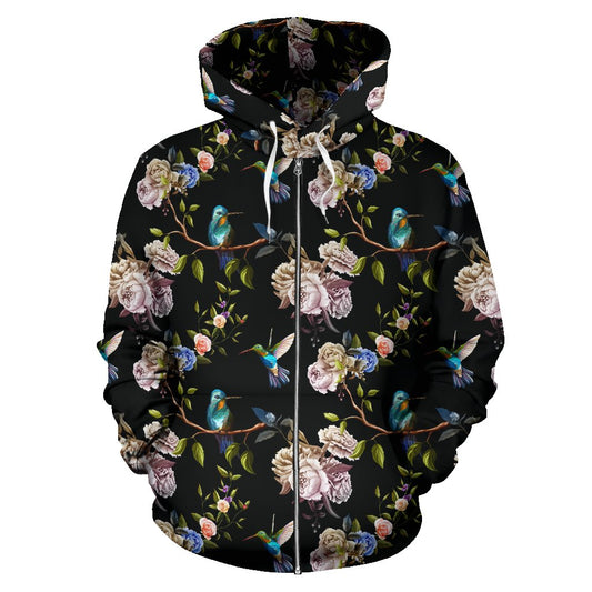 Hummingbird Flower Themed Print Zip Up Hoodie
