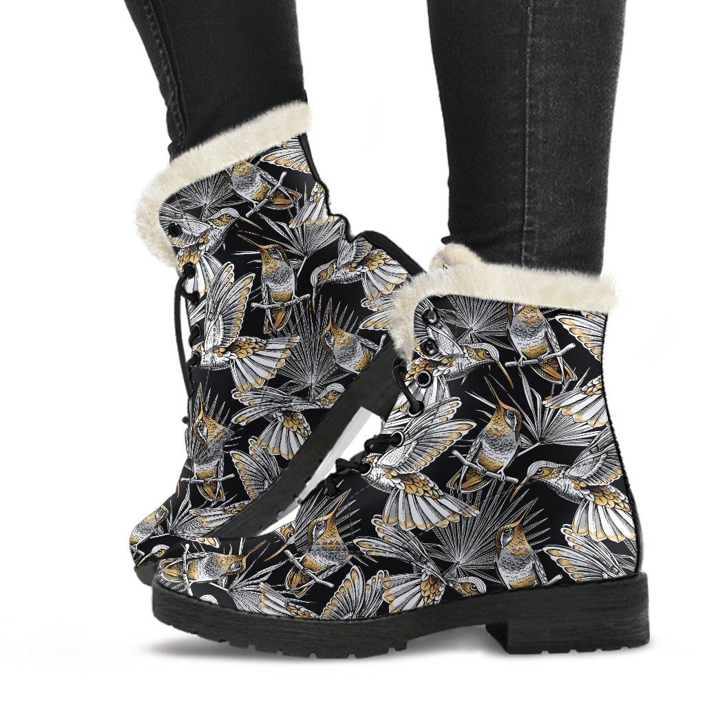 Hummingbird Gold Design Themed Print Faux Fur Leather Boots-JTAMIGO.COM