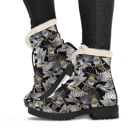 Hummingbird Gold Design Themed Print Faux Fur Leather Boots-JTAMIGO.COM