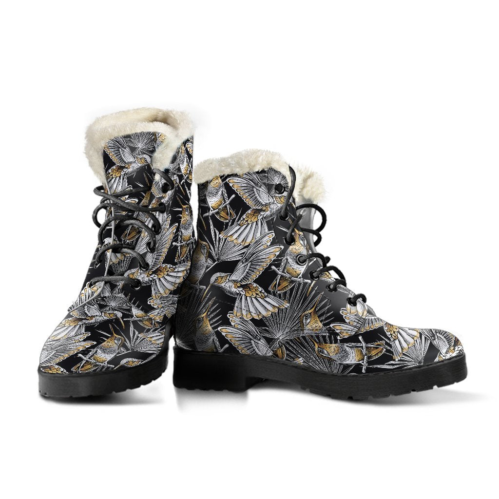 Hummingbird Gold Design Themed Print Faux Fur Leather Boots-JTAMIGO.COM