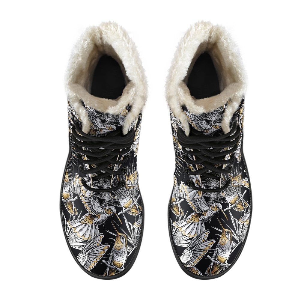 Hummingbird Gold Design Themed Print Faux Fur Leather Boots-JTAMIGO.COM