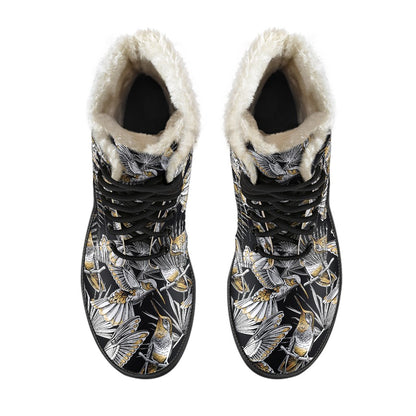Hummingbird Gold Design Themed Print Faux Fur Leather Boots-JTAMIGO.COM