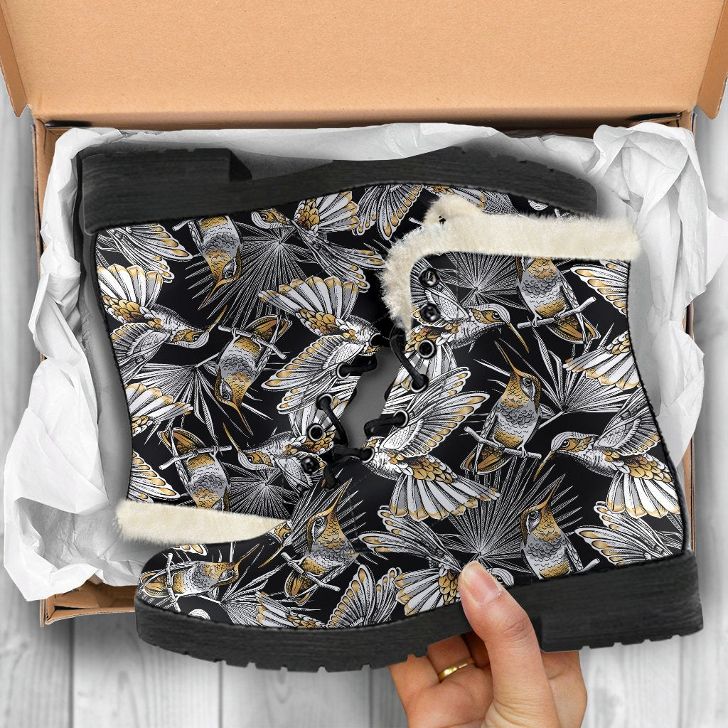 Hummingbird Gold Design Themed Print Faux Fur Leather Boots-JTAMIGO.COM