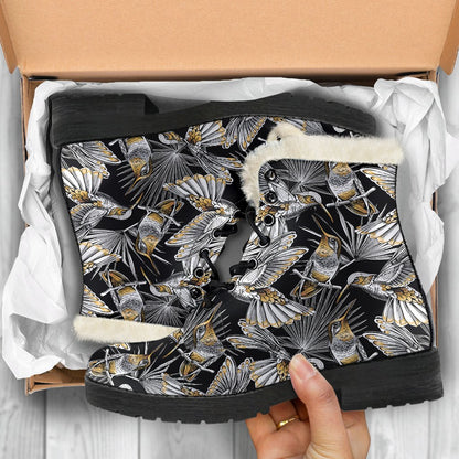 Hummingbird Gold Design Themed Print Faux Fur Leather Boots-JTAMIGO.COM