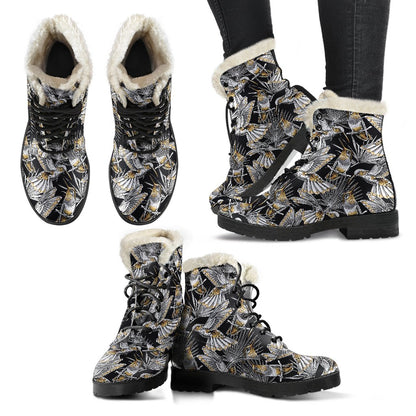 Hummingbird Gold Design Themed Print Faux Fur Leather Boots-JTAMIGO.COM