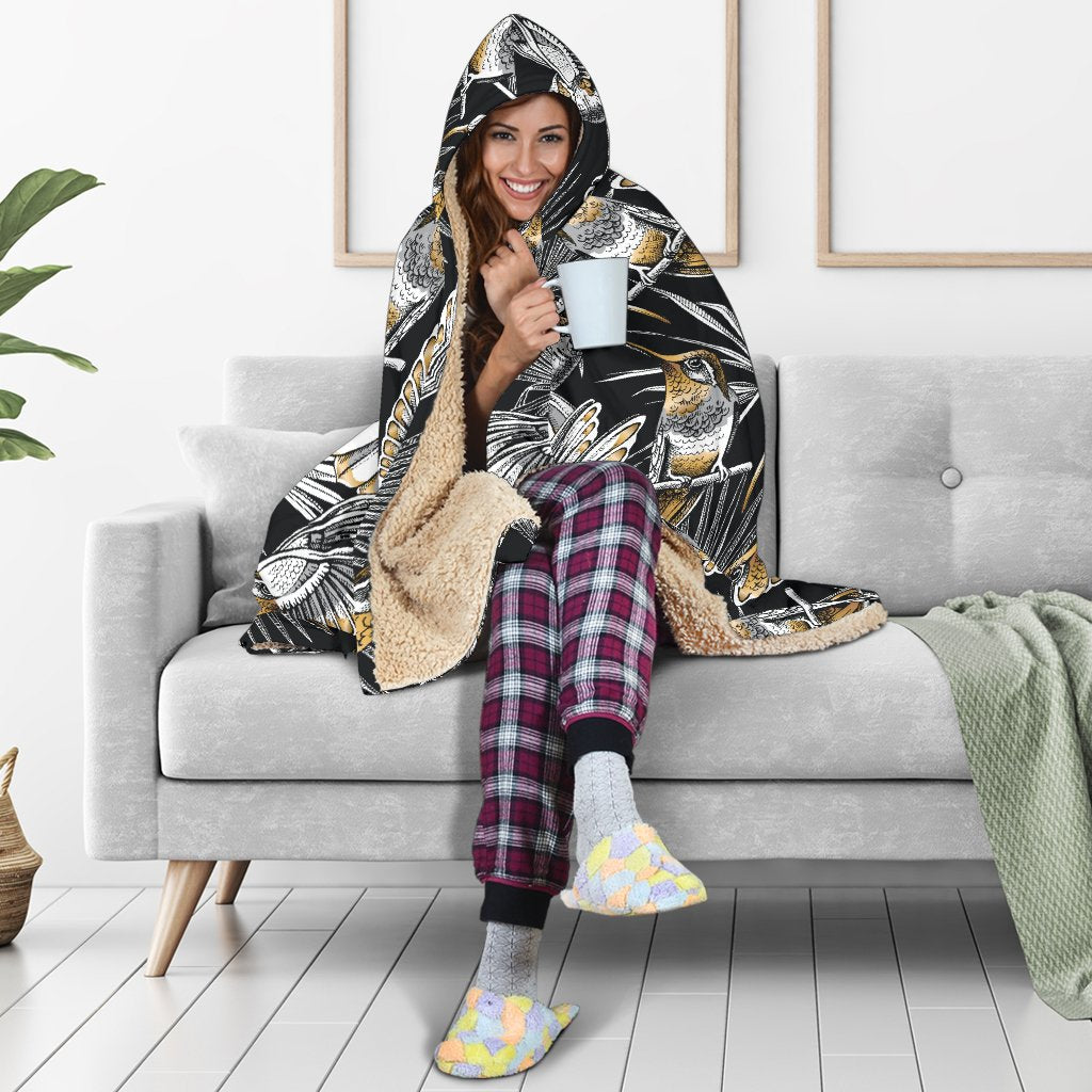 Hummingbird Gold Design Themed Print Hooded Blanket-JTAMIGO.COM