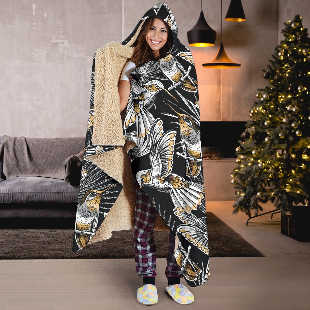 Hummingbird Gold Design Themed Print Hooded Blanket-JTAMIGO.COM