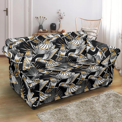 Hummingbird Gold Design Themed Print Loveseat Slipcover-JTAMIGO.COM