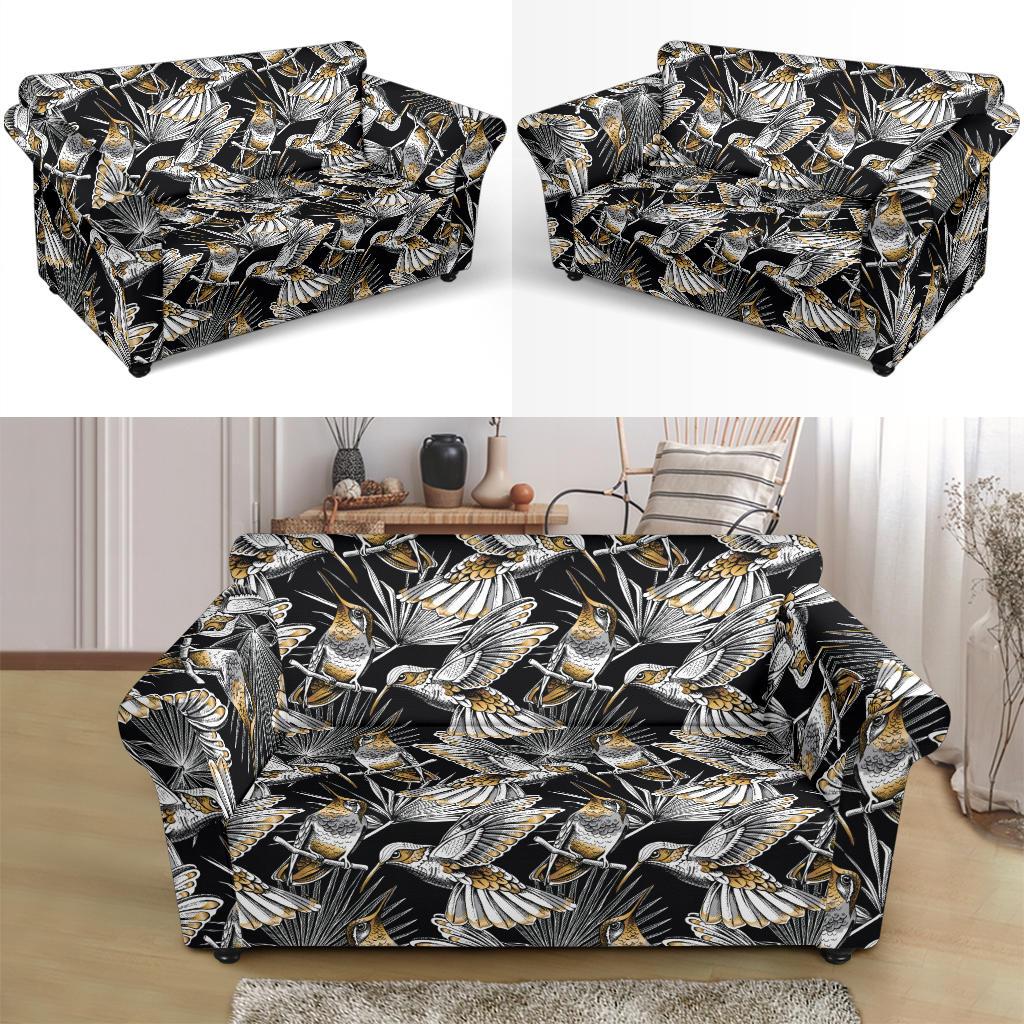 Hummingbird Gold Design Themed Print Loveseat Slipcover-JTAMIGO.COM