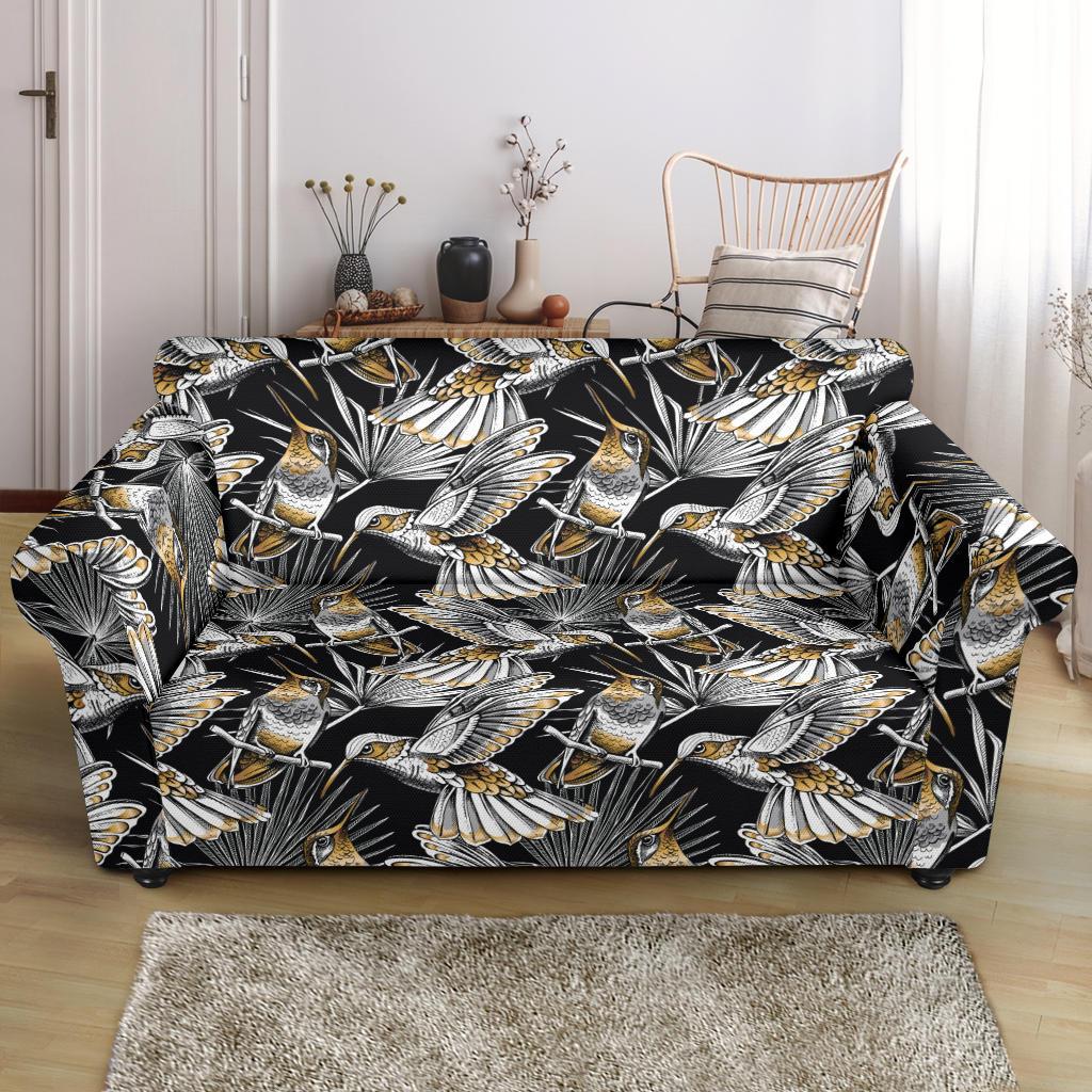 Hummingbird Gold Design Themed Print Loveseat Slipcover-JTAMIGO.COM