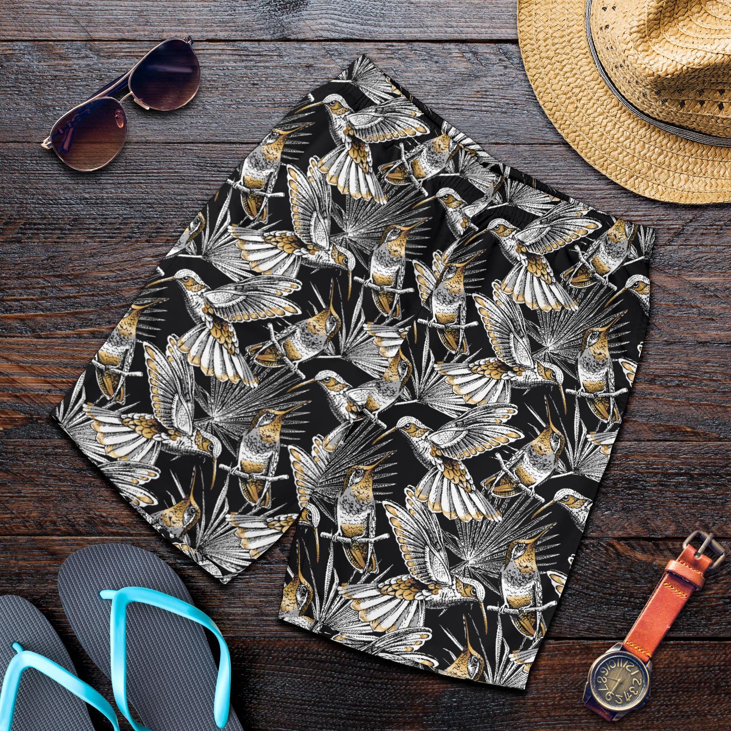 Hummingbird Gold Design Themed Print Mens Shorts-JTAMIGO.COM