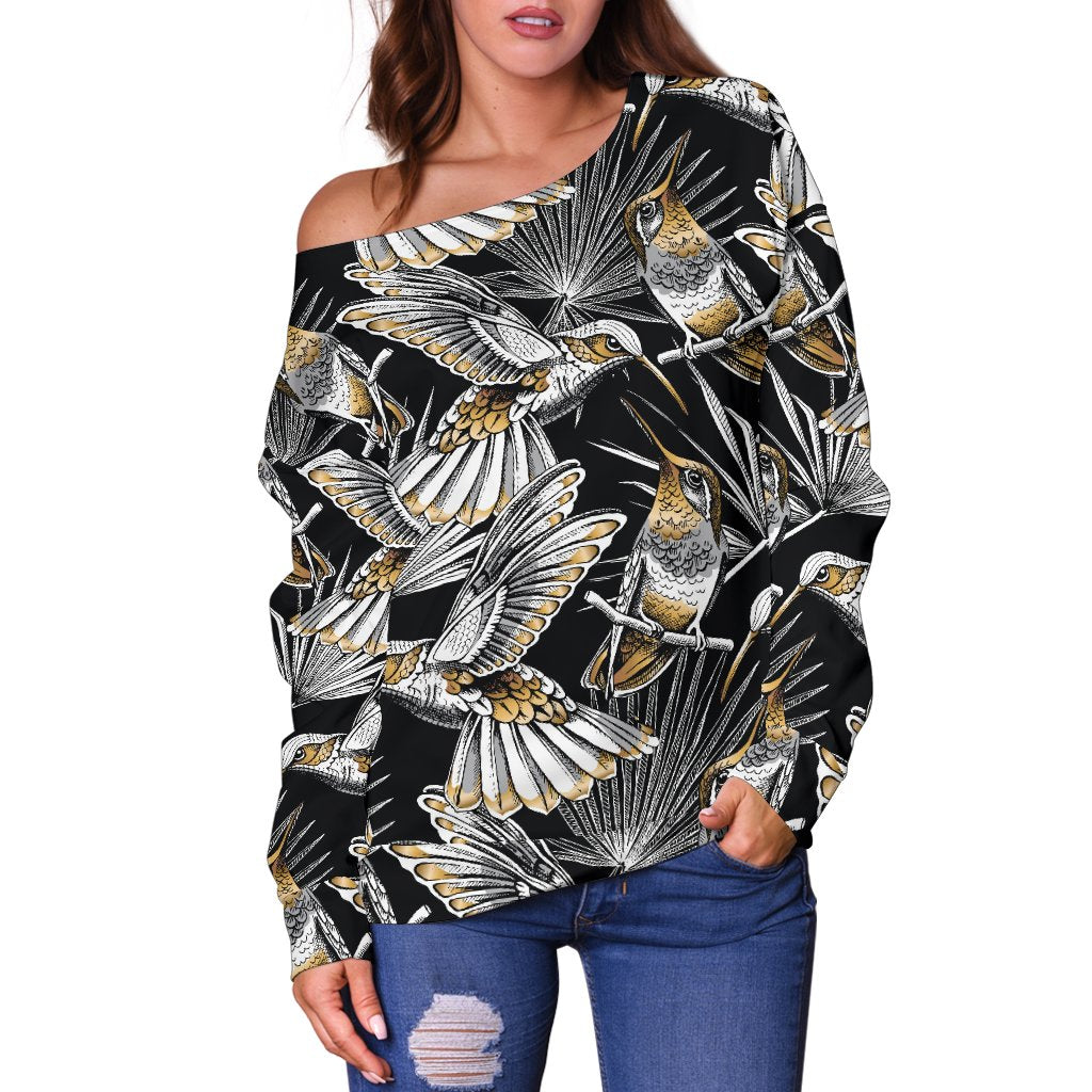Hummingbird Gold Design Themed Print Off Shoulder Sweatshirt