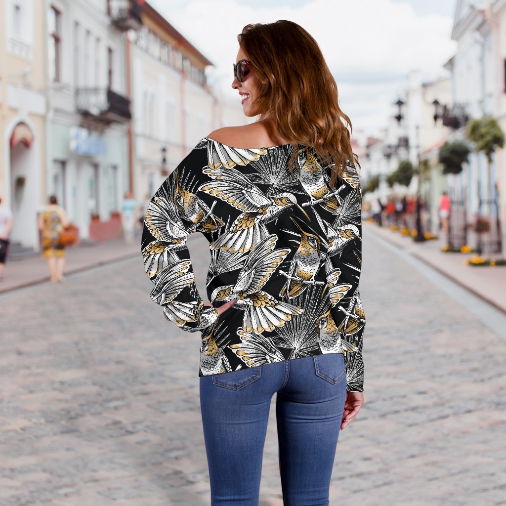 Hummingbird Gold Design Themed Print Off Shoulder Sweatshirt