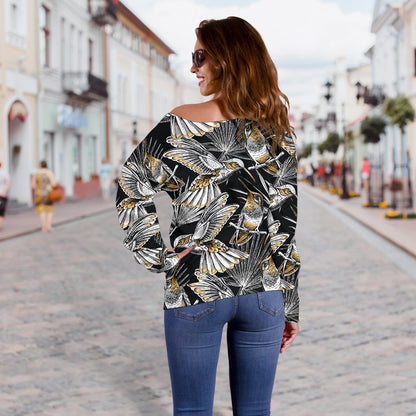 Hummingbird Gold Design Themed Print Off Shoulder Sweatshirt