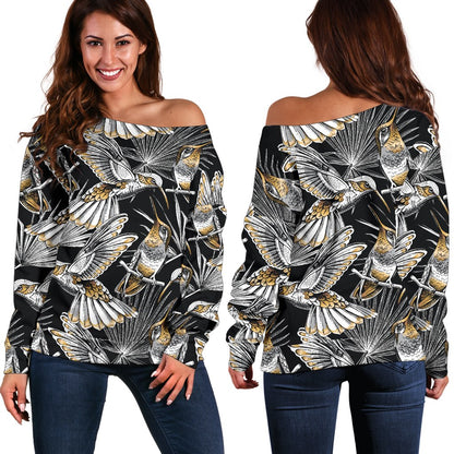 Hummingbird Gold Design Themed Print Off Shoulder Sweatshirt