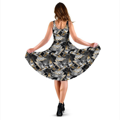 Hummingbird Gold Design Themed Print Sleeveless Dress