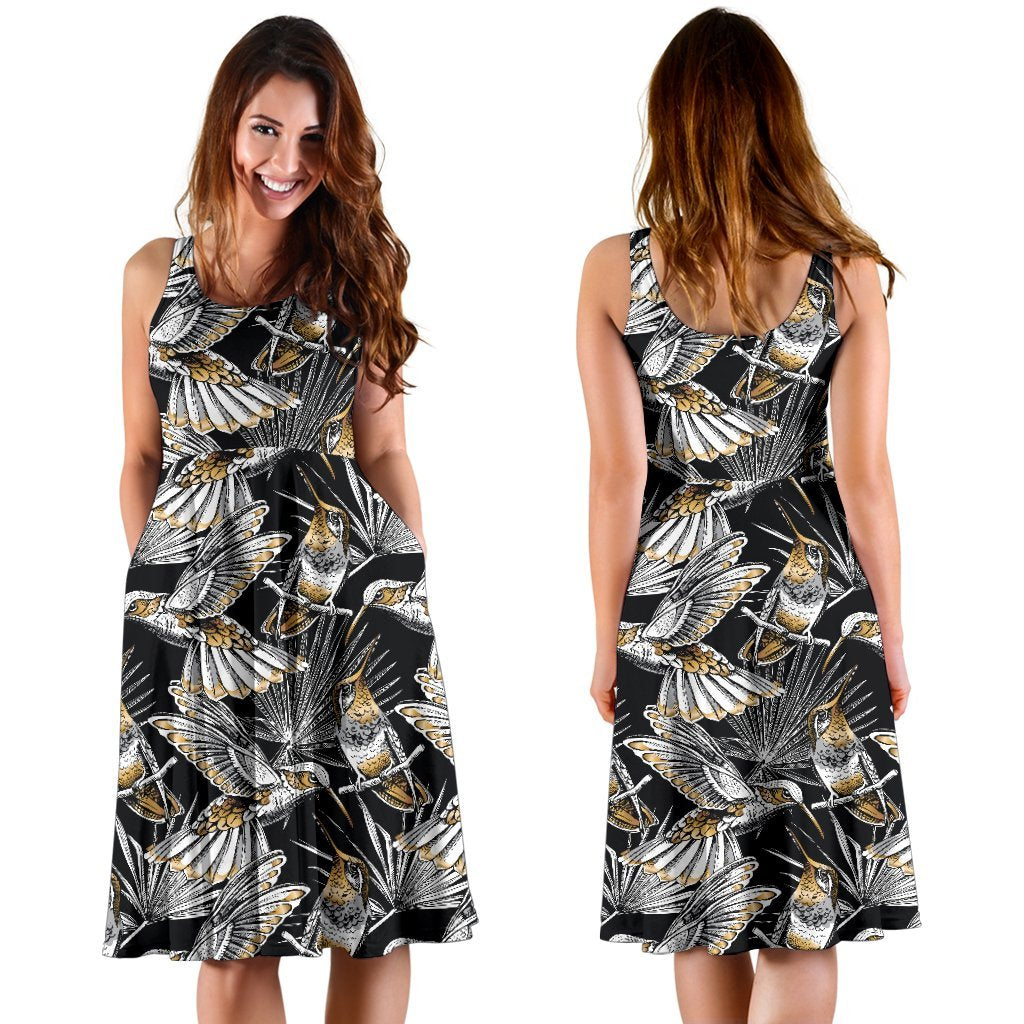 Hummingbird Gold Design Themed Print Sleeveless Dress