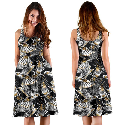 Hummingbird Gold Design Themed Print Sleeveless Dress