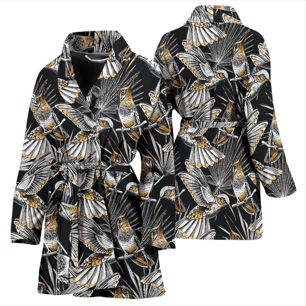 Hummingbird Gold Design Themed Print Women Bath Robe-JTAMIGO.COM
