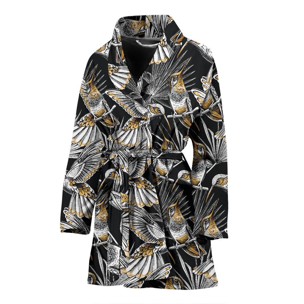 Hummingbird Gold Design Themed Print Women Bath Robe-JTAMIGO.COM