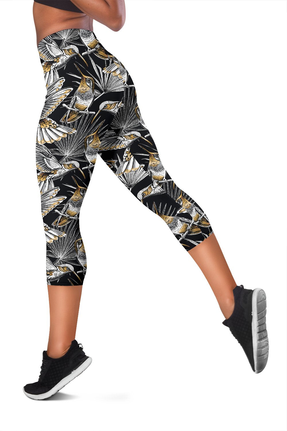 Hummingbird Gold Design Themed Print Women Capris