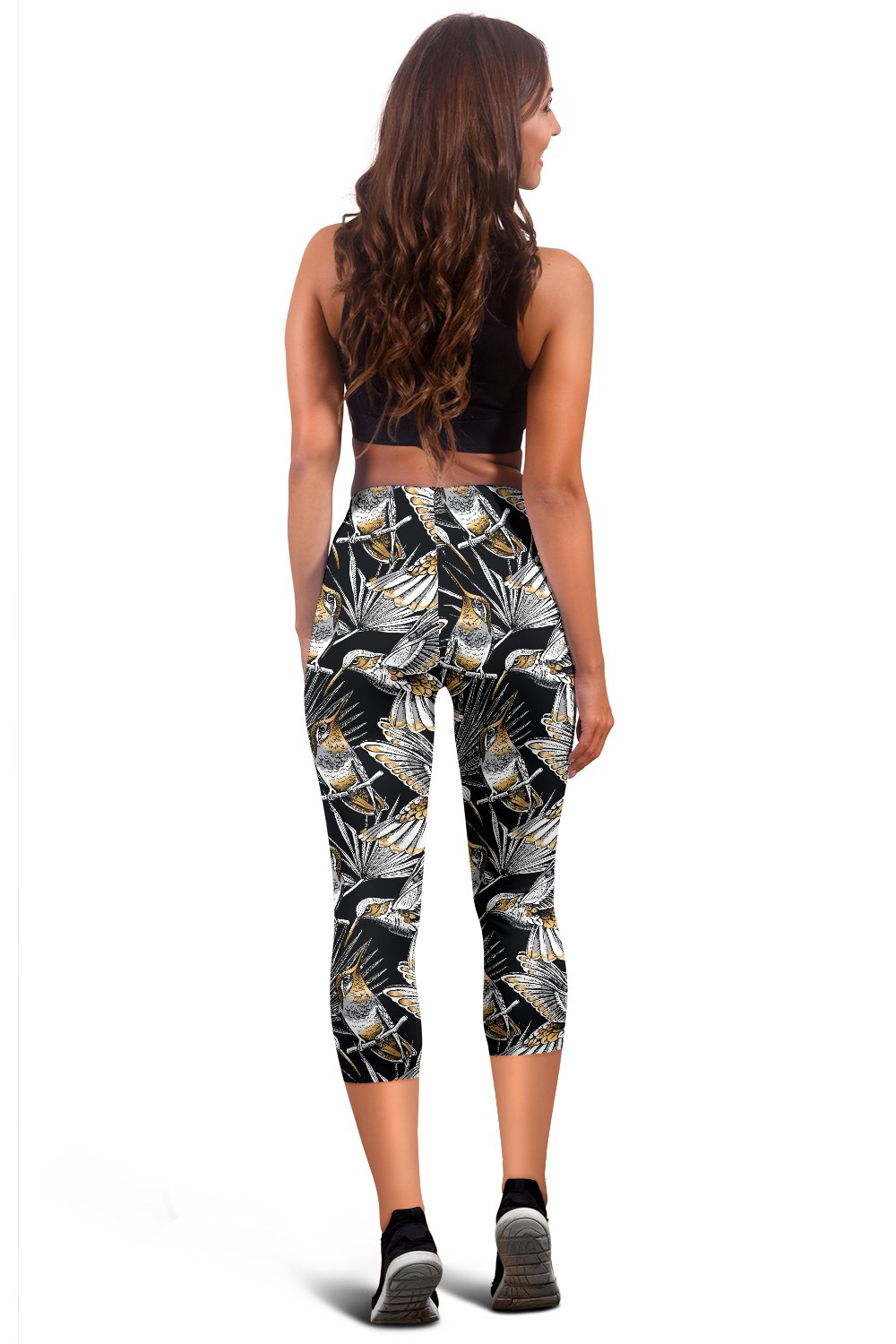 Hummingbird Gold Design Themed Print Women Capris
