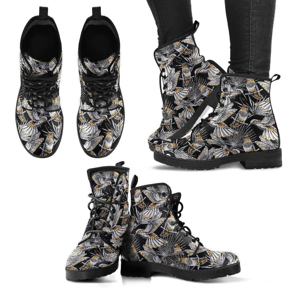 Hummingbird Gold Design Themed Print Women Leather Boots-JTAMIGO.COM