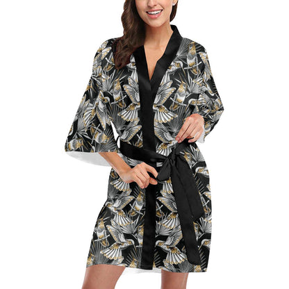 Hummingbird Gold Design Themed Print Women Short Kimono Robe