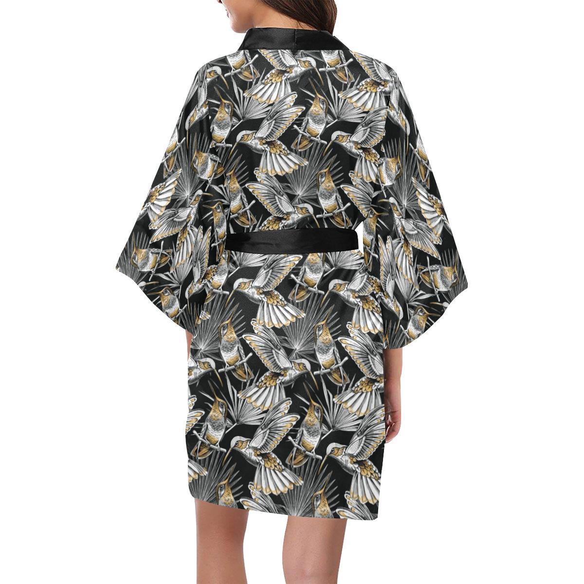 Hummingbird Gold Design Themed Print Women Short Kimono Robe