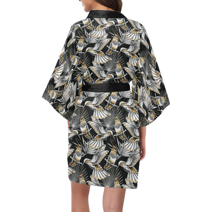 Hummingbird Gold Design Themed Print Women Short Kimono Robe