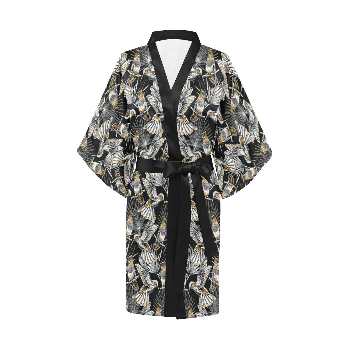 Hummingbird Gold Design Themed Print Women Short Kimono Robe