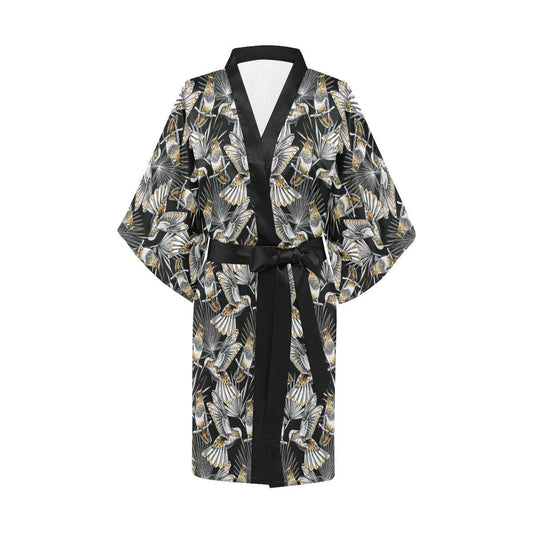 Hummingbird Gold Design Themed Print Women Short Kimono Robe