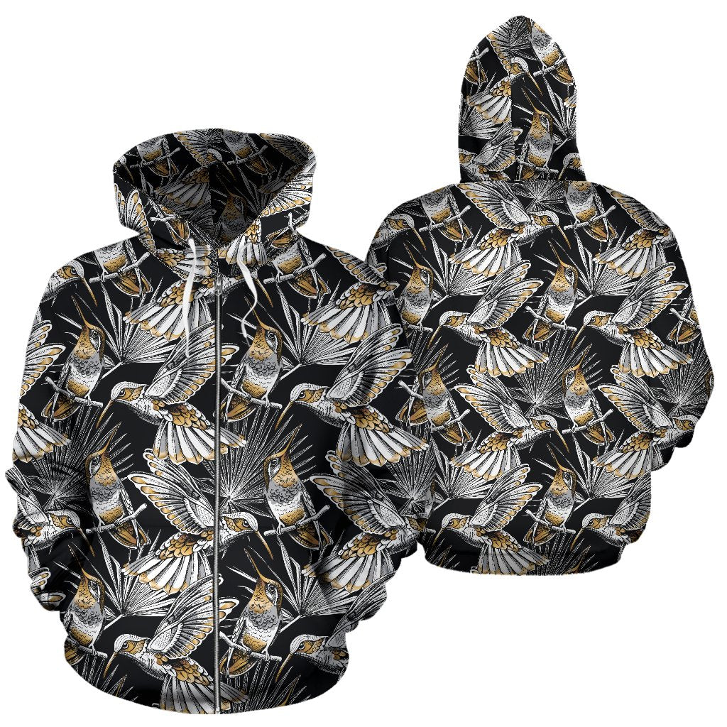 Hummingbird Gold Design Themed Print Zip Up Hoodie